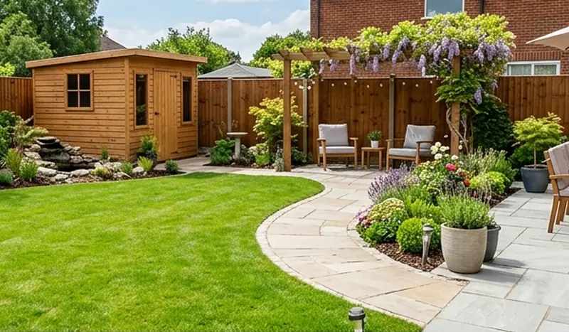 The same garden finished with lawn, patio and pergola, after