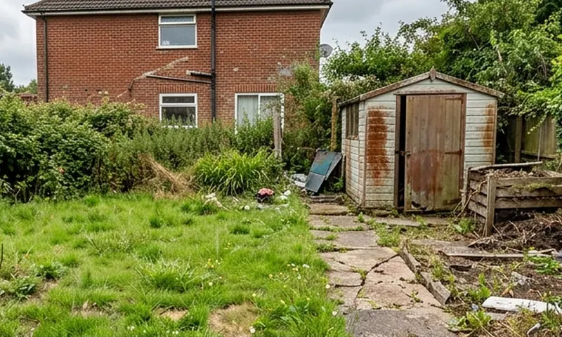 Overgrown back garden with a rusty shed, before